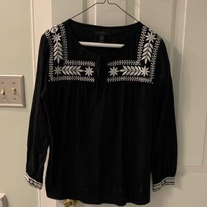 J. Crew Black Blouse with White Embroidery